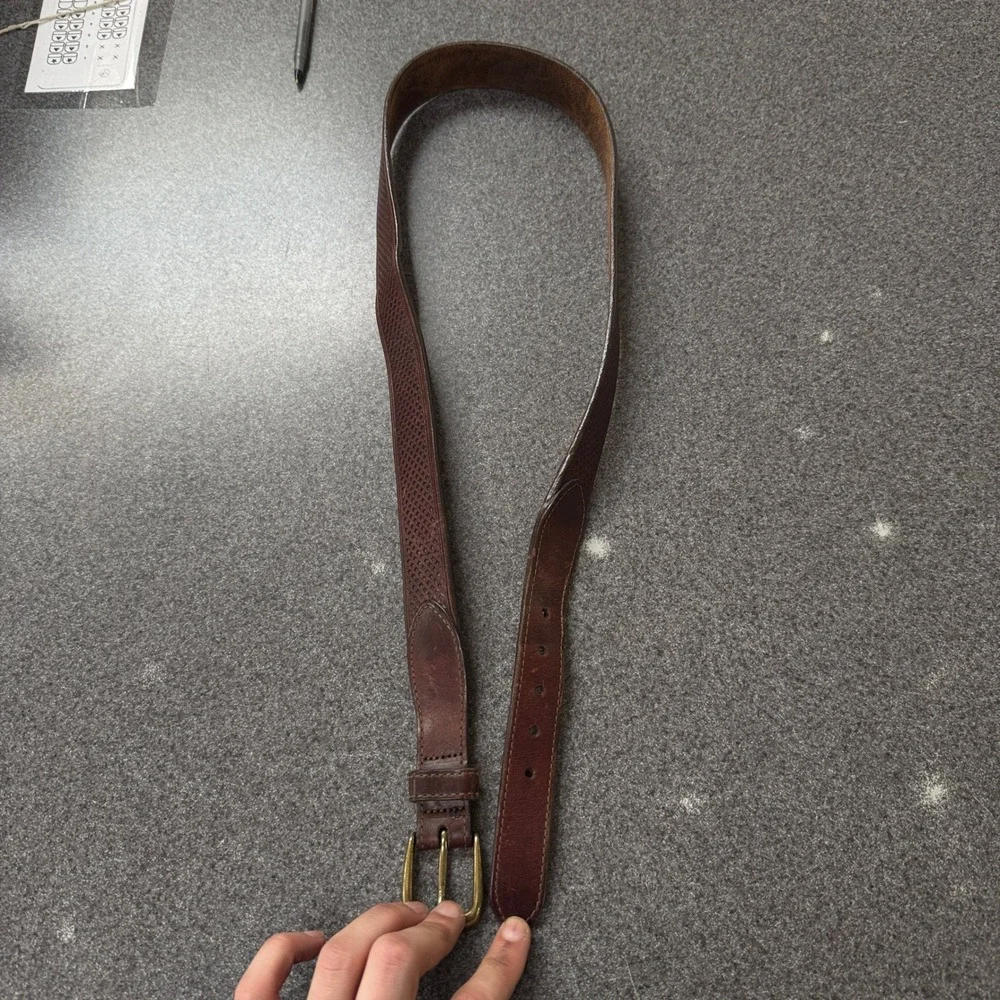 Orvis Basketweave Leather Belt Mens 36 Brown Good Made in USA Brass Buckle